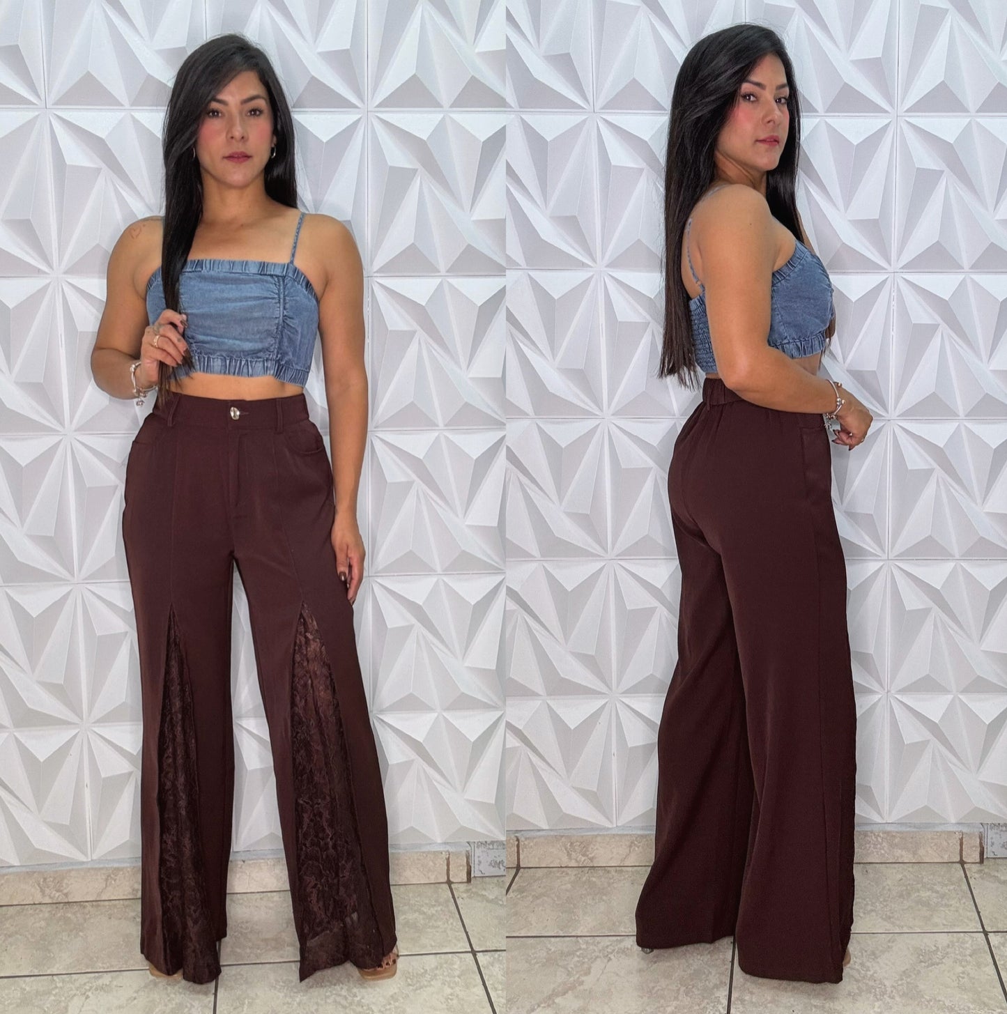 Palazzo con detalles en lace color Café