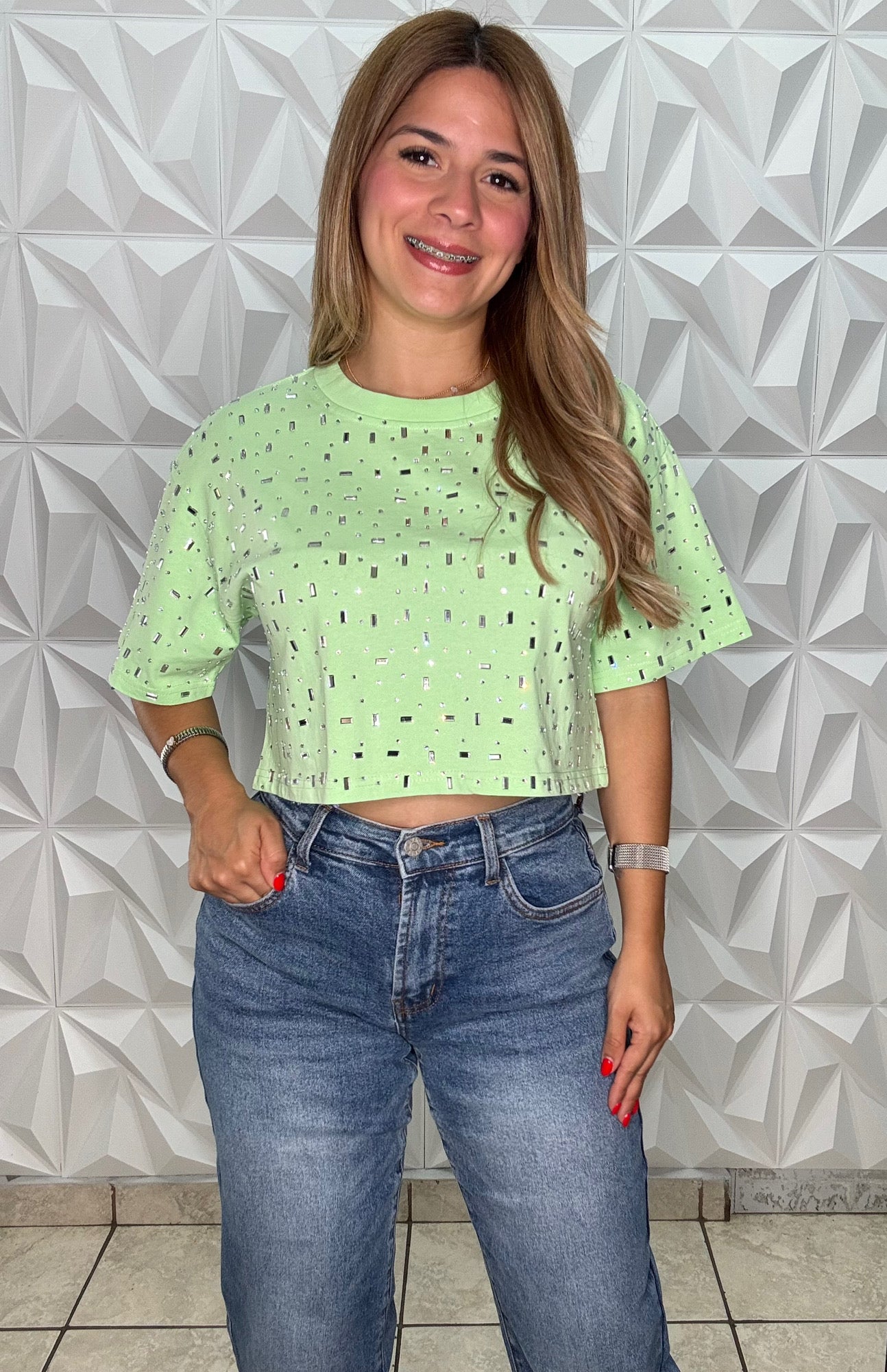 Verde lima Top básica con brillos