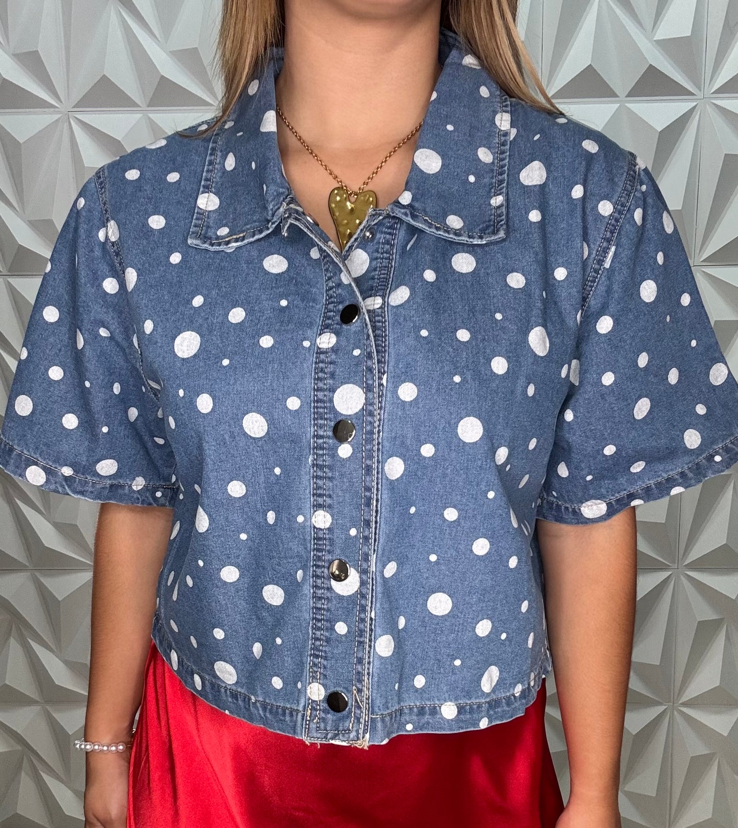 White Polka Denim Top