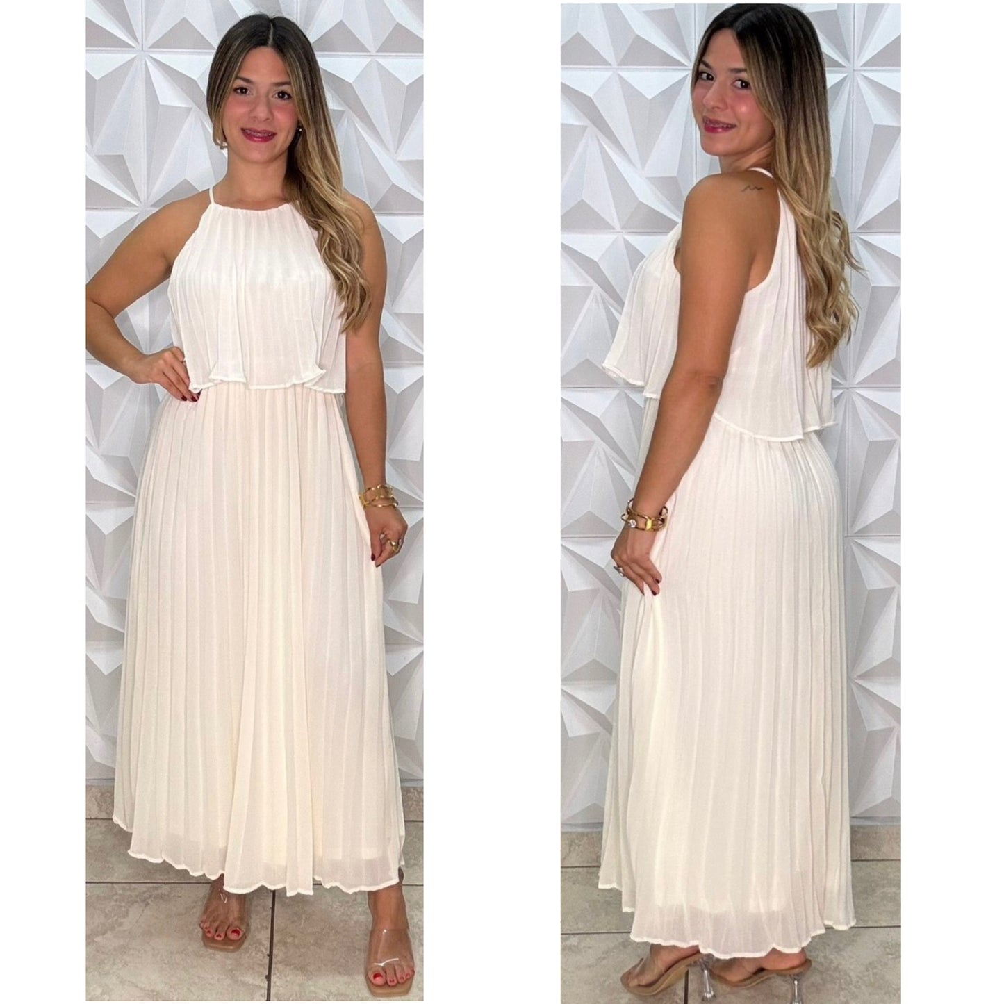 Midi Dress Plizado Color Ivory