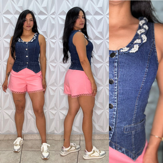 Denim Vest Top with pearls