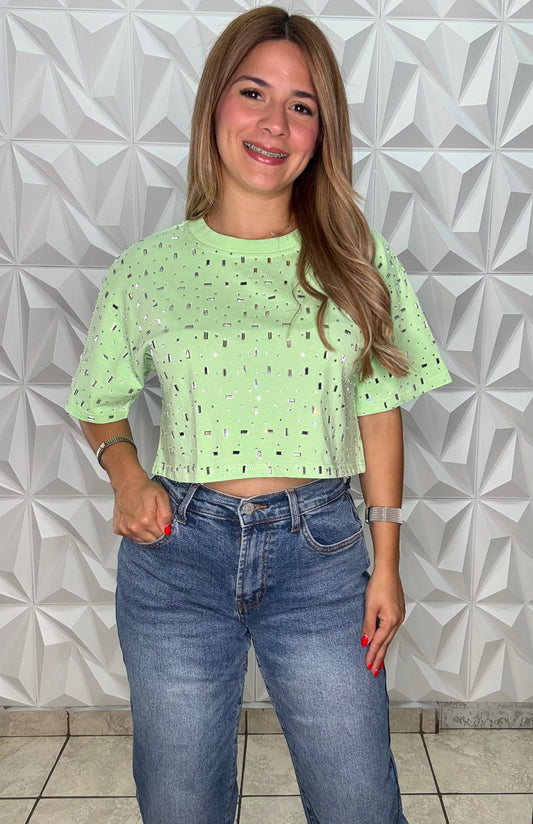Verde lima Top básica con brillos