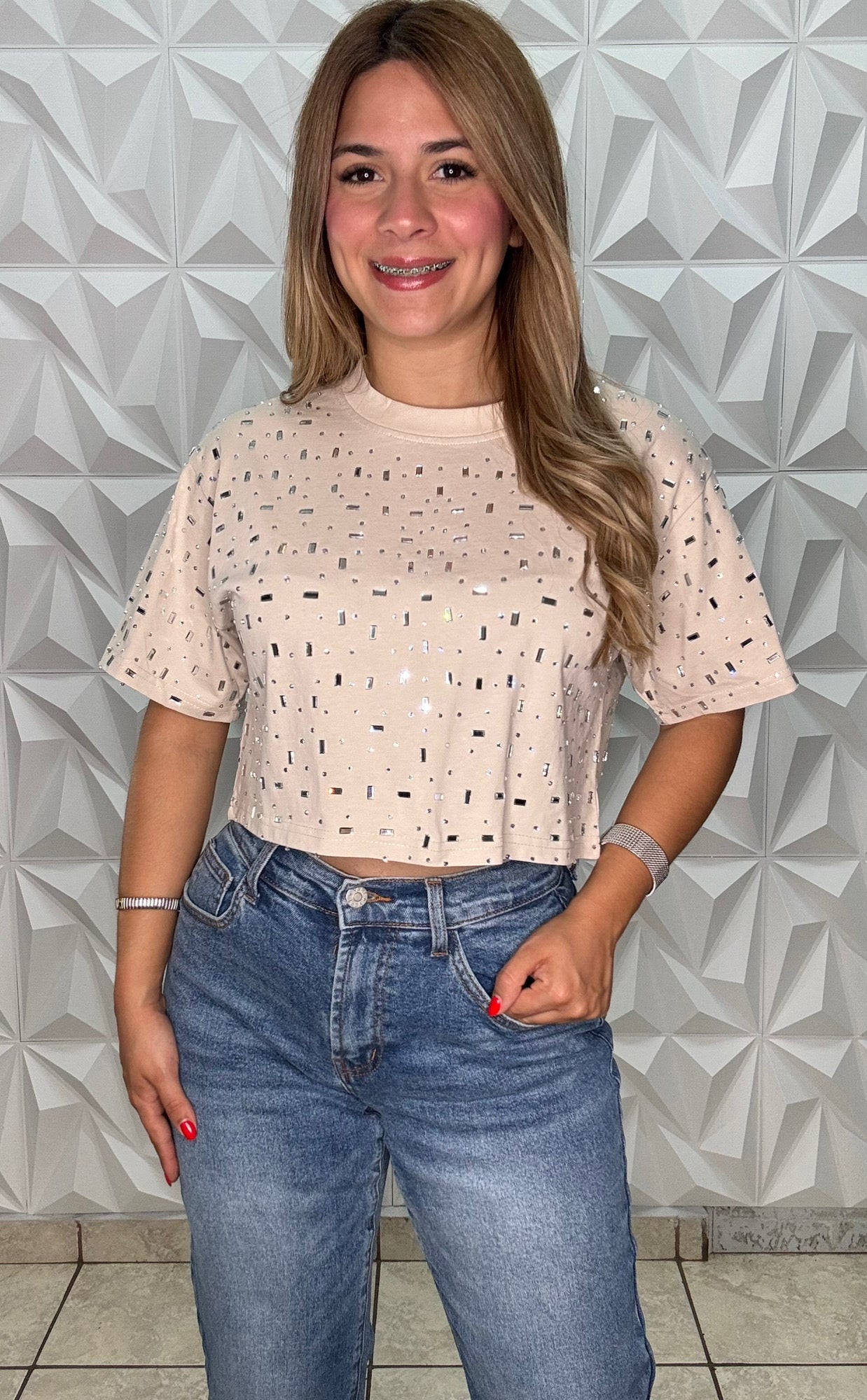 Beige Top básica con brillos