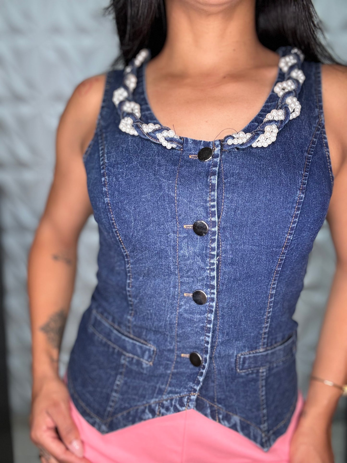 Denim Vest Top with pearls