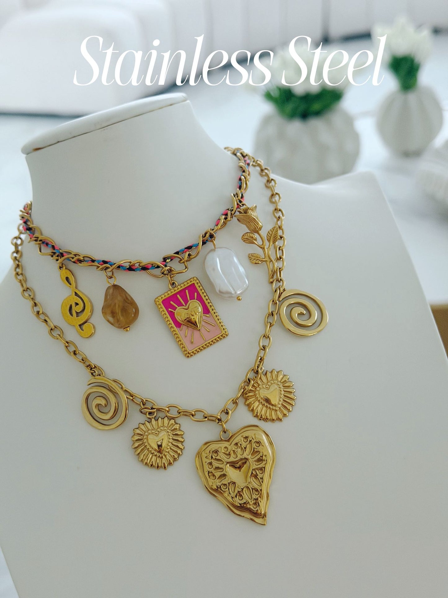 Cadena corazon fushia